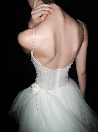 Pretty A Line Spaghetti Straps Pearl White Tulle Long Wedding Dress DP5798