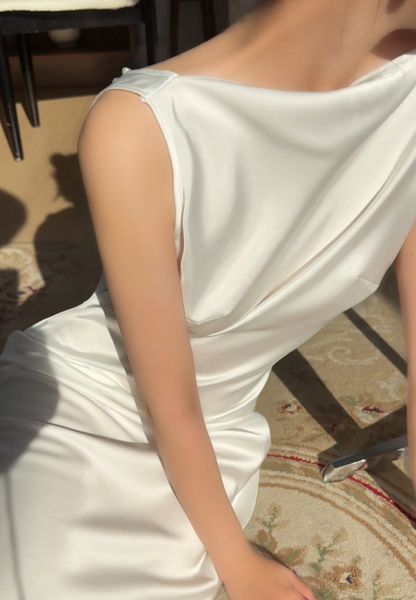 Beautiful Pearl Sheath White Satin Backless Long Prom Dress Evening Dress DP7958