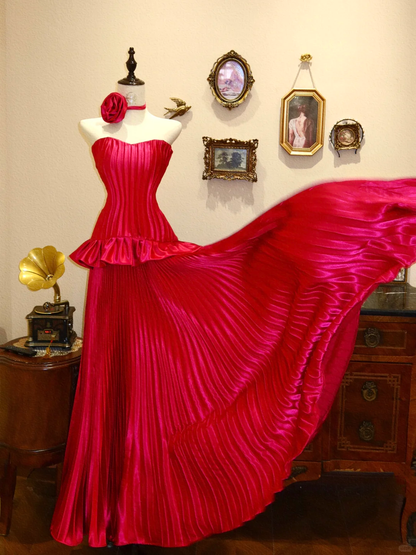 Red A Line Sweetheart Neck Pleated Satin Prom Dress Evening Dress DP3904