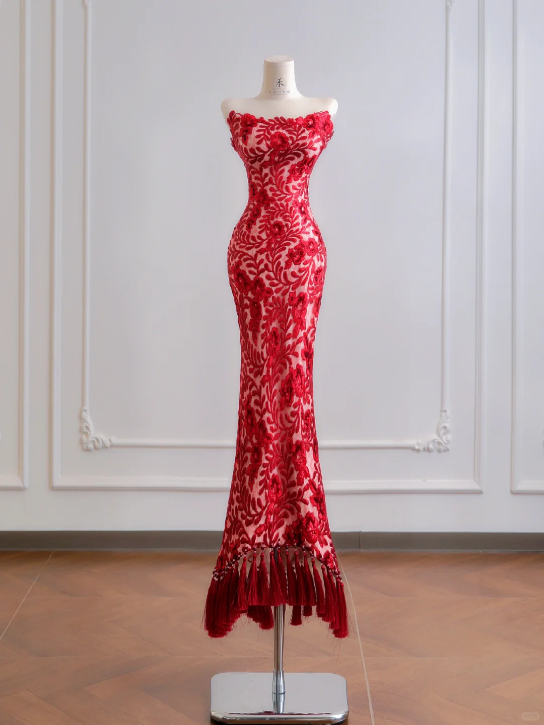 Charming Burgundy Mermaid Strapless Lace Prom Dress Wedding Guest Dress DP3876