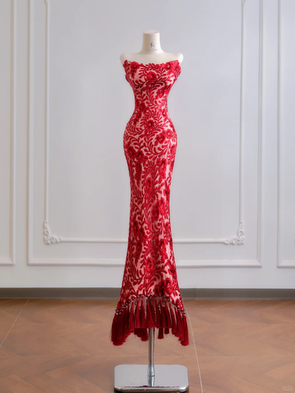 Charming Burgundy Mermaid Strapless Lace Prom Dress Wedding Guest Dress DP3876