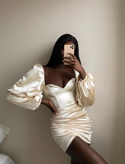 Champagne Sheath Long Sleeve Satin Short Homecoming Dress Cocktail Dress DP3855