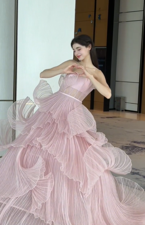 Unique A Line Strapless Layered Pink Organza Long Party Dress Prom Dress DP2507