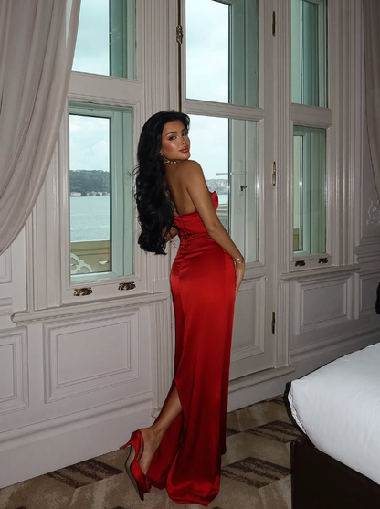 Burgundy Mermaid Strapless Satin Prom Dress Party Dress Wedding Guest Dress DP3490
