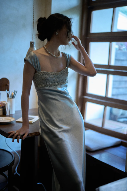 Elegant Blue A Line Straps Beaded Satin Long Prom Dress Date Dress DP4517