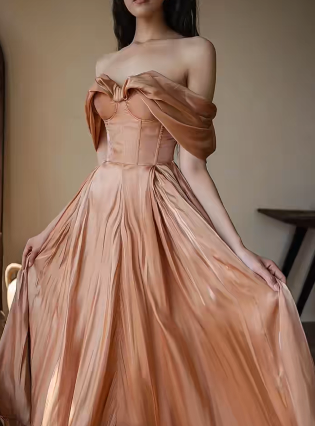Stunning Light Brown A Line Off the Shoulder Satin Long Prom Dress Party Dress Outfits DP4524