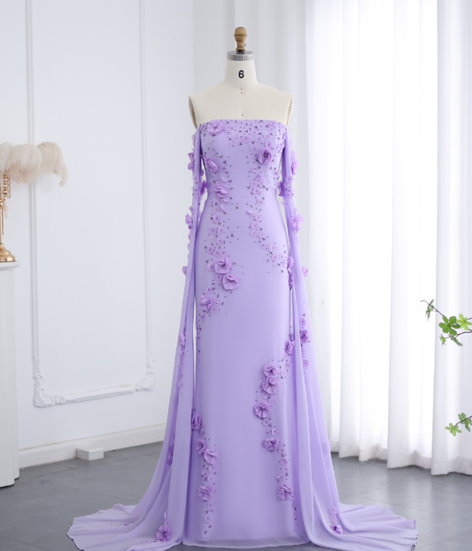 Stunning Lilac A Line Long Sleeve Beaded 3D Flower Chiffon Prom Dress Evening Dress DP1911