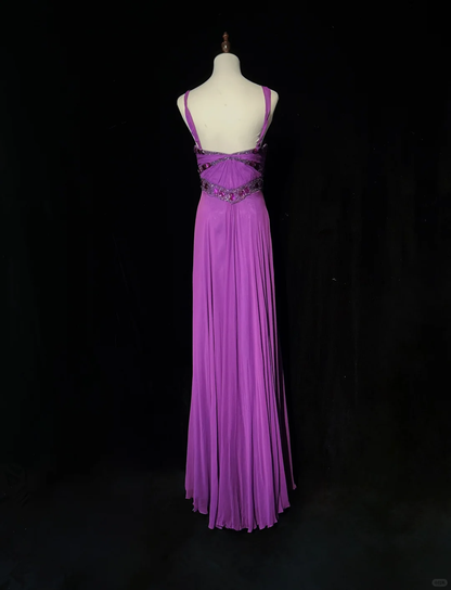 Retro A Line Halter Beaded Purple Chiffon Prom Dress Party Dress DP2772