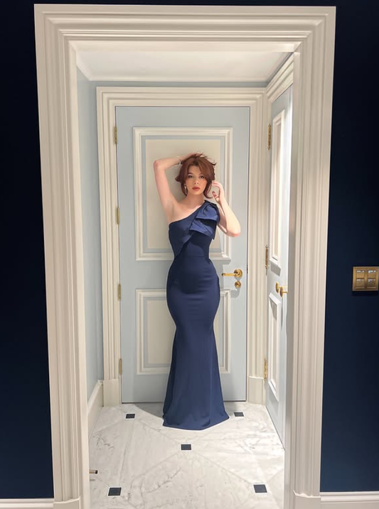 Dark Blue Mermaid One Shoulder Satin Long Prom Dress Wedding Guest Dress DP4314