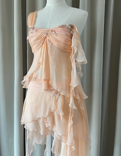 Baby Peach A Line Two Piece Appliques Tiered Chiffon Party Dress Evening Dress DP4937