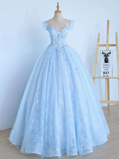 Blue Tulle Lace Appliques Long Prom Dress Formal Quinceanera Dress Ball Gown DP061