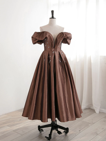 Vintage Tea Length Brown Prom dress Off Shoulder Beaded Homecoming Dress DP081