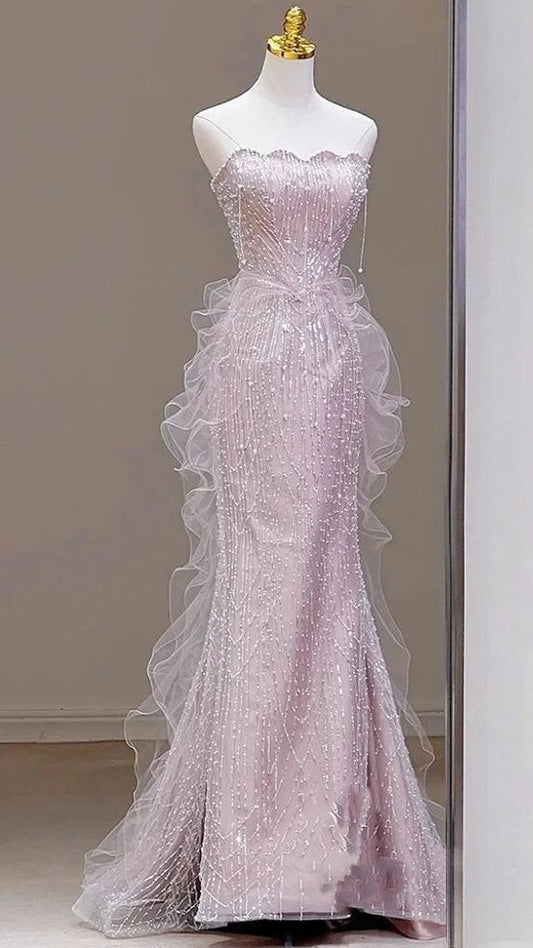 Exquisite Pink Mermaid Petal Neck Beaded Ruffle Tulle Long Prom Dress Evening Dress Date Dress DP3109