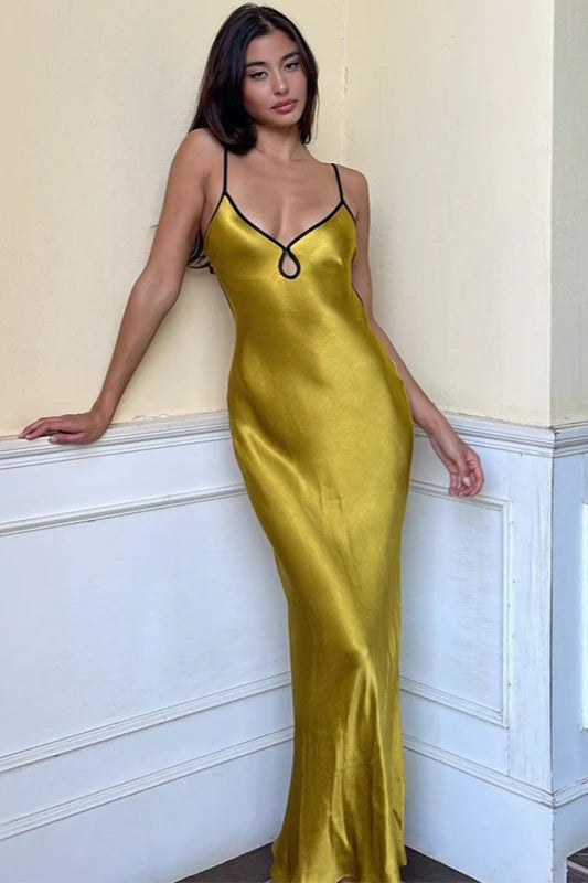 Sexy Sheath Spaghetti Strap Tan Satin Backless Long Prom Dress Evening Dress DP6116
