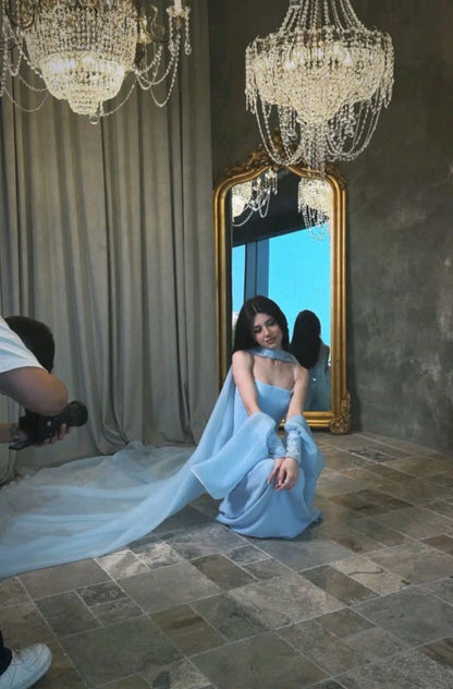 Baby Blue Sheath Spaghetti Strap Organza Satin Prom Dress Party Dress DP4203