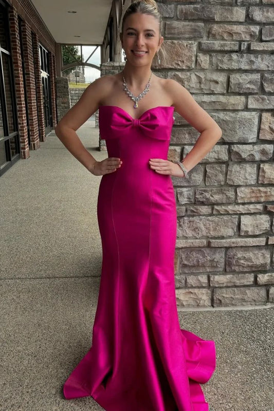 Hot Pink Mermaid Strapless Bow Satin Long Prom Dress Evening Dress DP1135