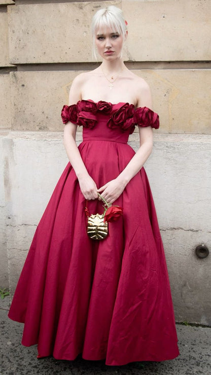 Burgundy A Line Off the Shoulder Floral Satin Prom Dress 16th Birthday Dress DP4049