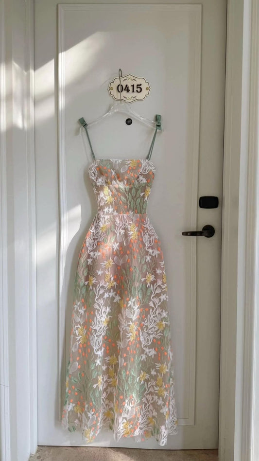 Dreamy A Line Spaghetti Strap Exquisite Embroidery Floral Tulle Long Prom Dress Evening Dress DP3345