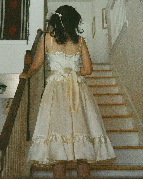 Ivory Straps A-Line Satin Midi Length Party Dress Homecoming Dress DP7569