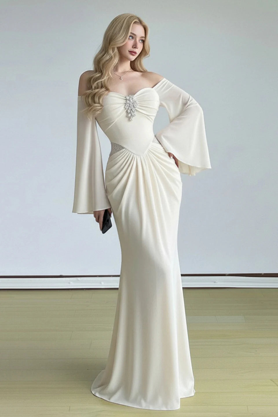 Elegant Ivory Sheath Long Sleeve Beaded Chiffon Long Prom Dress Evening Dress DP6086