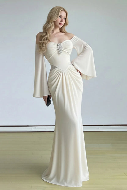 Elegant Ivory Sheath Long Sleeve Beaded Chiffon Long Prom Dress Evening Dress DP6086