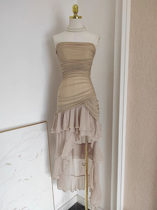Sexy High Low Strapless Ruffled Chiffon Tulle Vacation Dress DP1454