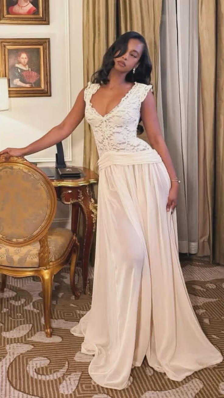 Pretty A Line V Neck White Chiffon Lace Prom Dress Evening Dress DP6699