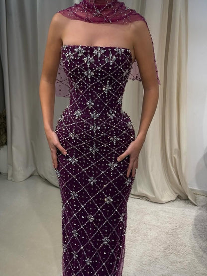 Dark Grape Purple Sheath Strapless Exquisite Rhinestone Tulle Long Prom Dress Evening Dress DP6689
