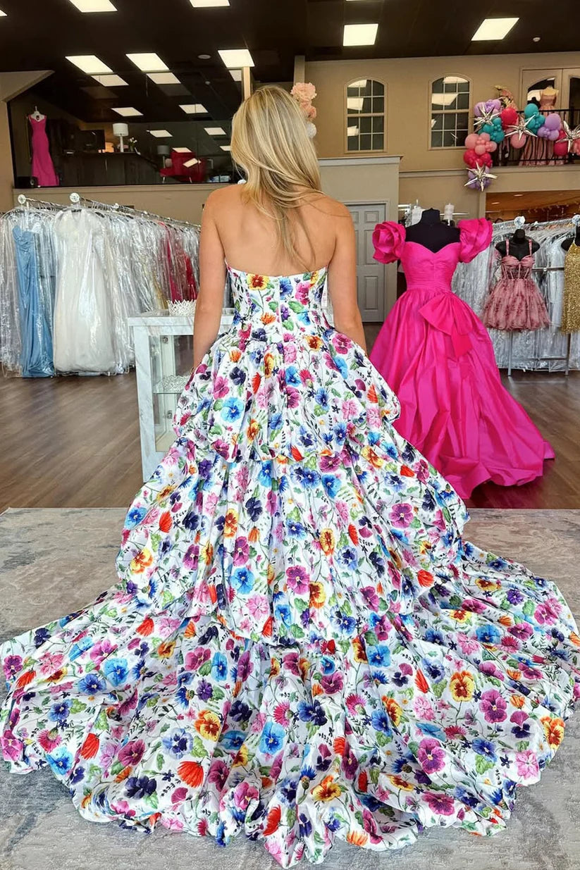 Stunning Colorful A Line Strapless Print Floral Layered Satin Evening Dress Prom Dress DP7647