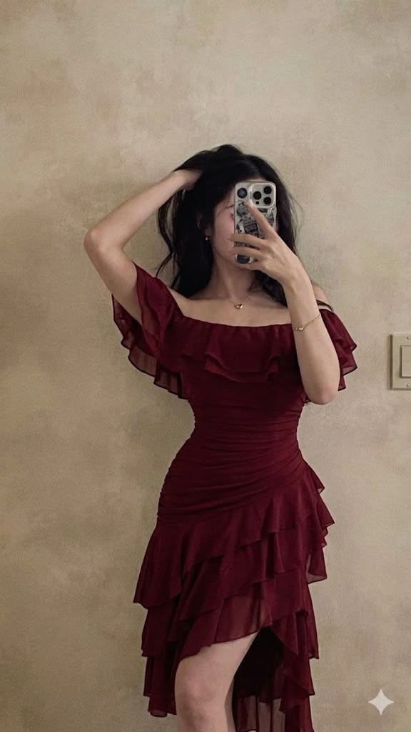 Ethereal Burgundy A Line Off the Shoulder Layered Chiffon Prom Dress Party Dress DP6558