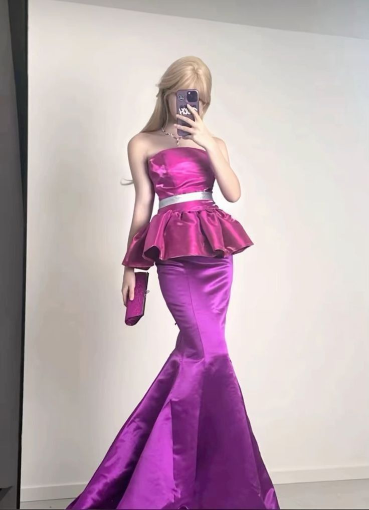Barbie Pink Mermaid Strapless Satin Long Prom Dress Evening Dress DP3191