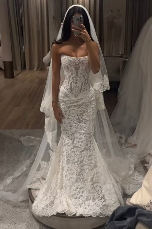 Pretty Mermaid Strapless White Lace Long Wedding Dress DP8003
