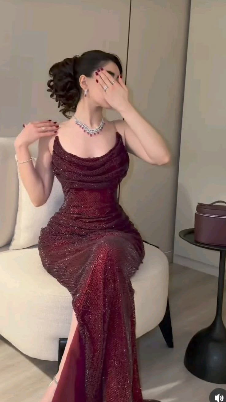 Burgundy Mermaid Spaghetti Strap Sequin Slit Prom Dress Party Dress DP6555