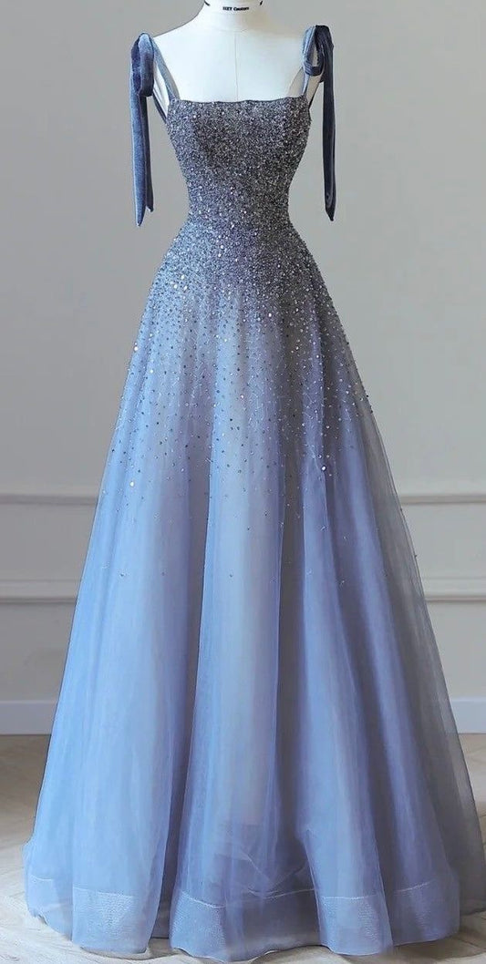 Luxurious A Line Spaghetti-Strap Beaded Sequin Blue Tulle Prom Dress Evening Dress DP2029