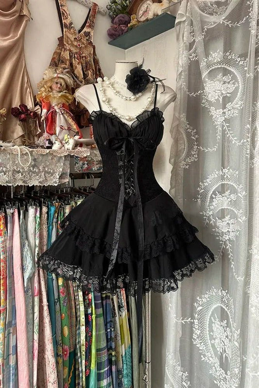 Sweet Black Lace Tie Mini Birthday Party Homecoming Dress DP4008