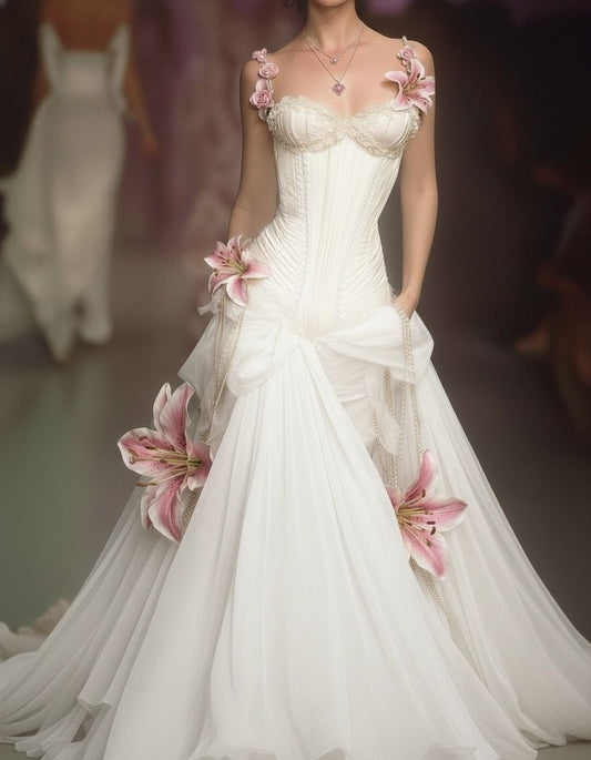 Vintage Mermaid Straps Exquisite Lily White Satin Tulle Prom Dress DP4666