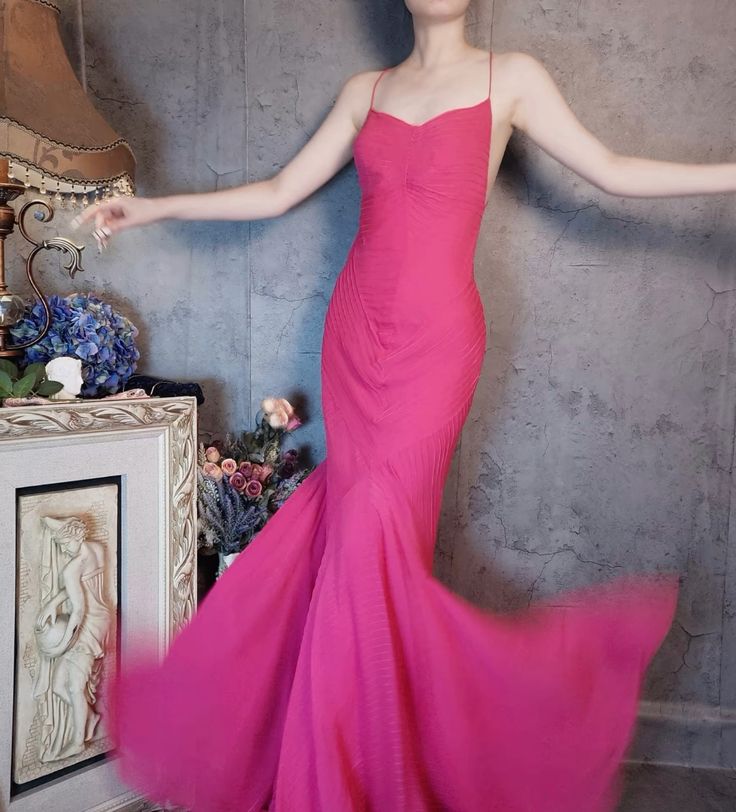 Pink Mermaid Spaghetti Strap Chiffon Open Back Long Party Dress Evening Dress DP2276