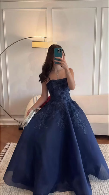 Elegant Navy Blue A Line Strapless Beaded Tulle Long Prom Dress DP5062