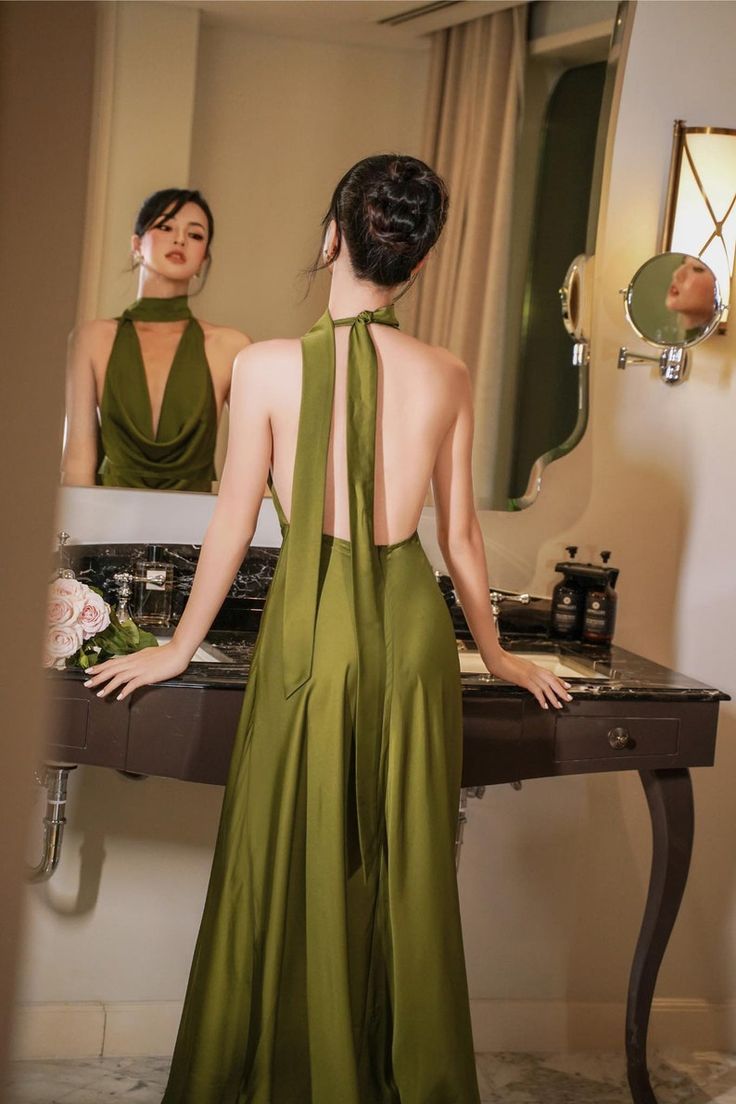 Lisa Gentle Olive Green A Line Halter Satin Backless Prom Dress Evening Prom Dress DP4892