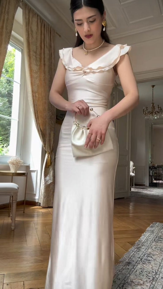 Elegant Sheath V Neck Ivory Satin Long Prom Dress Evening Dress DP6700