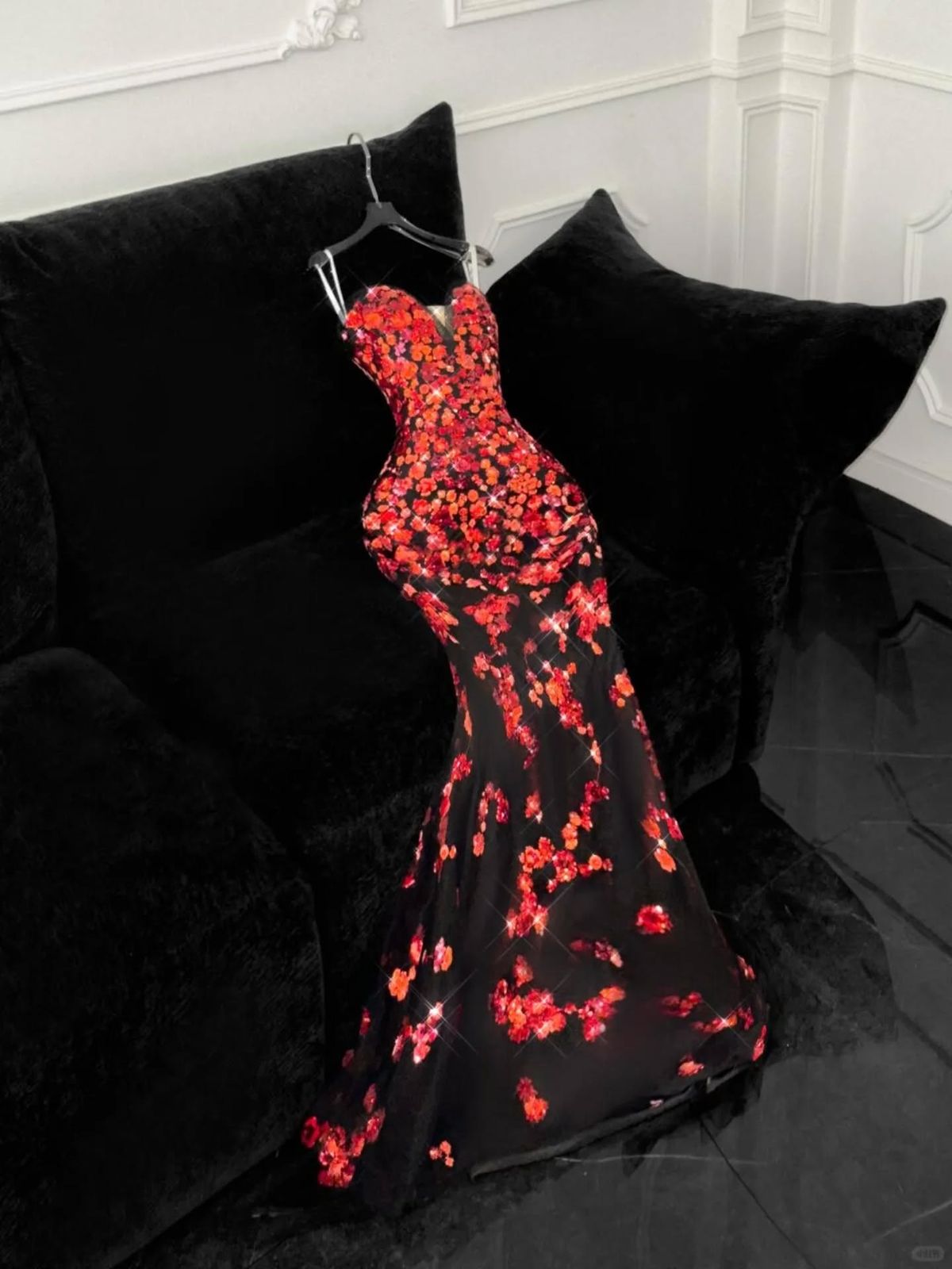 Unique Mermaid Sweetheart Neck Red Sequin Black Satin Prom Dress DP4298