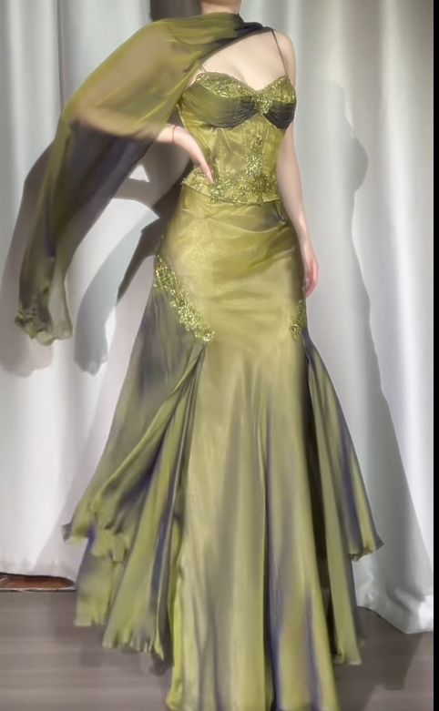 Vintage Spaghetti Strap Corset Two-Piece Prom Dresses with Scarf Chiffon Green Evening Dresses DP4358