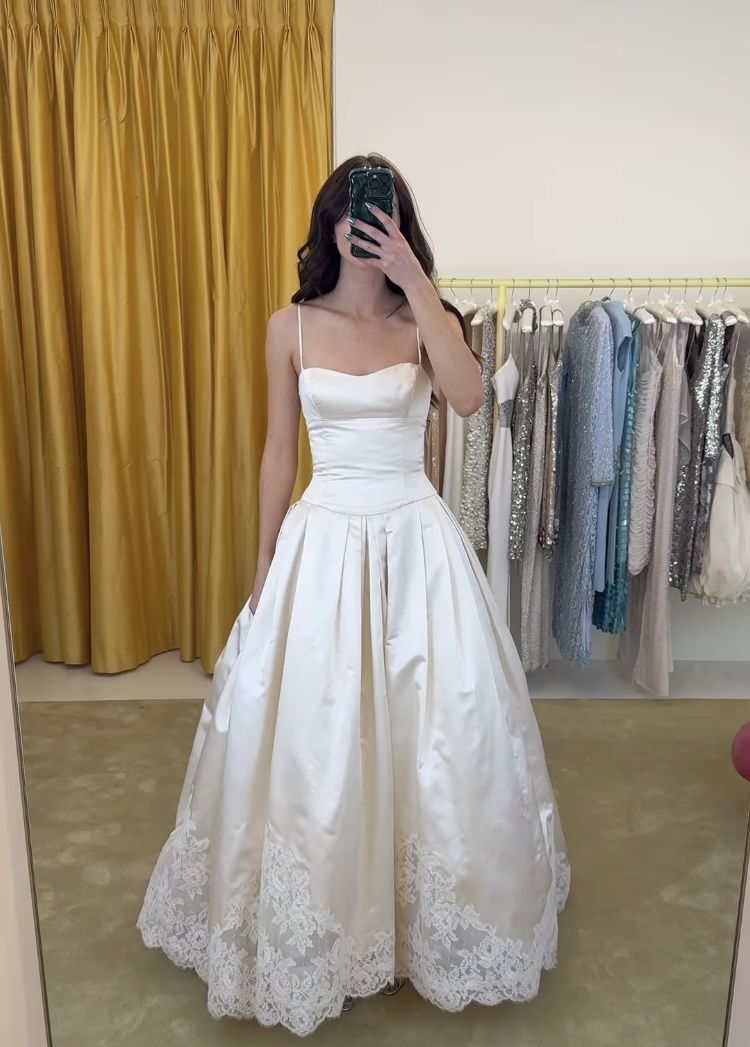 Classy Ball Gown Spaghetti Strap White Lace Satin Long Wedding Dress DP4326