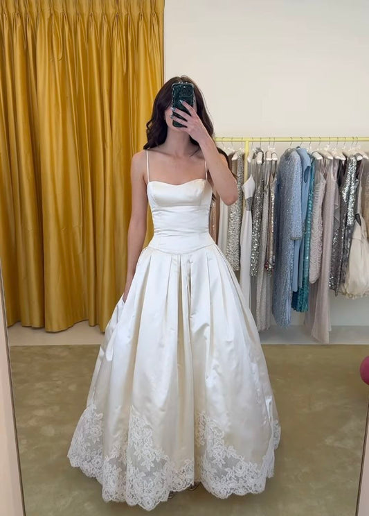 Classy Ball Gown Spaghetti Strap White Lace Satin Long Wedding Dress DP4326