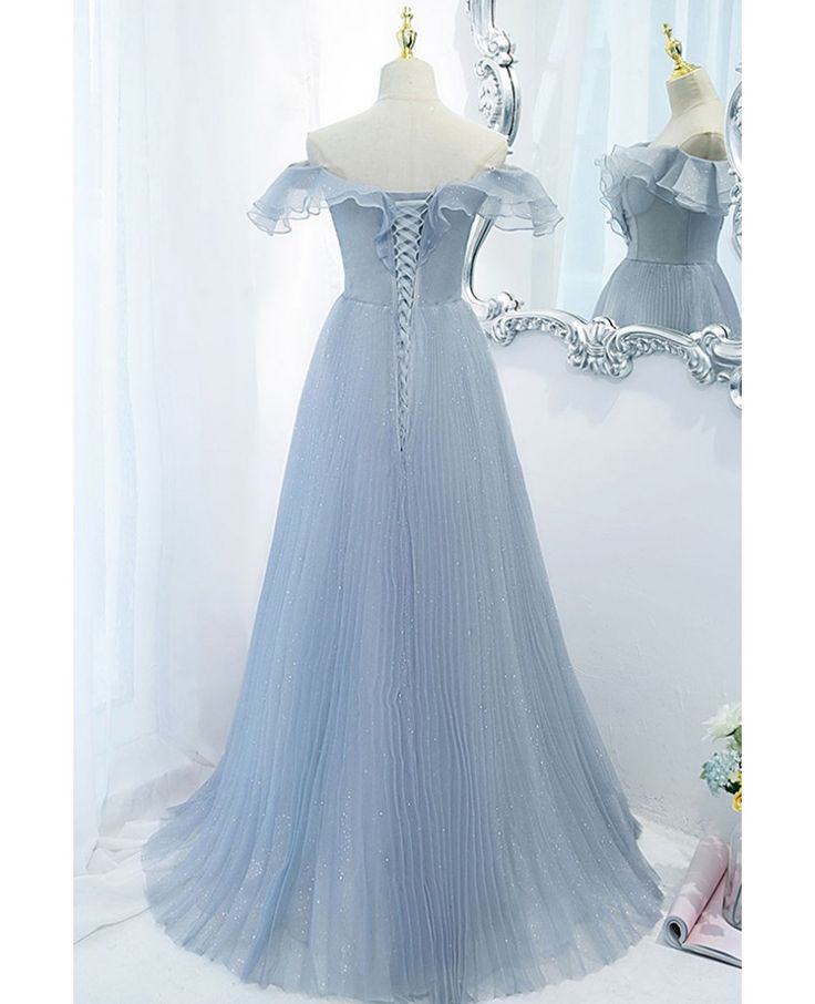 Blue A Line Off the Shoulder Sequins Tulle Long Prom Dress Evening Dress DP1317