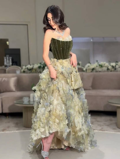 Green A Line Strapless Velvet 3D Floral Tulle Prom Dress Evening Dress DP8062