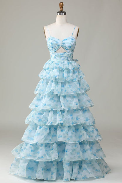 Elegant A-Line Spaghetti Straps Tiered Chiffon Long Prom Dress DP770