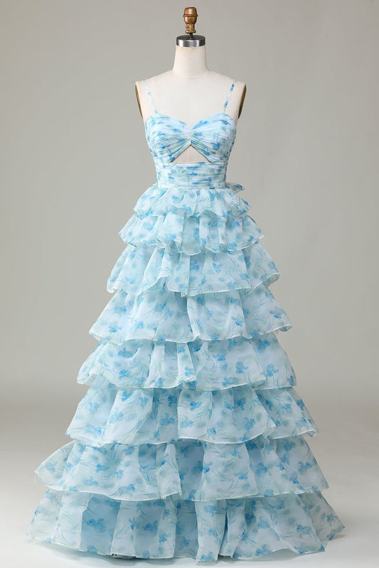 Elegant A-Line Spaghetti Straps Tiered Chiffon Long Prom Dress DP770