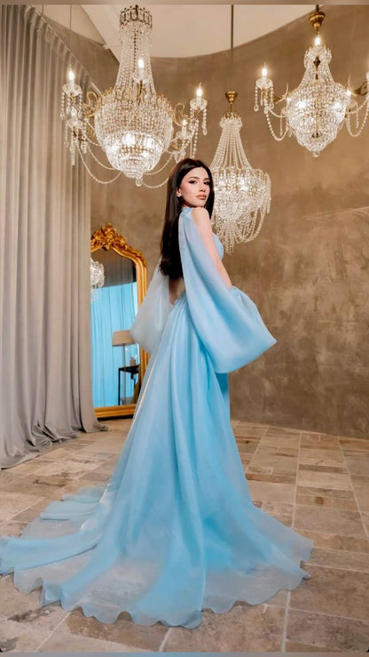 Baby Blue Sheath Spaghetti Strap Organza Satin Prom Dress Party Dress DP4203