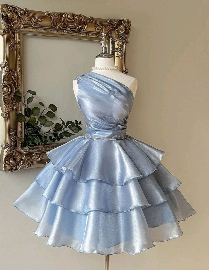 Blue A Line One Shoulder Layered Satin Short Homecoming Dresses DP4177